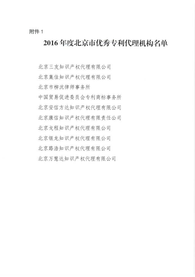 2016年度北京市優(yōu)秀專利代理機構(gòu)及優(yōu)秀專利代理人名單公布