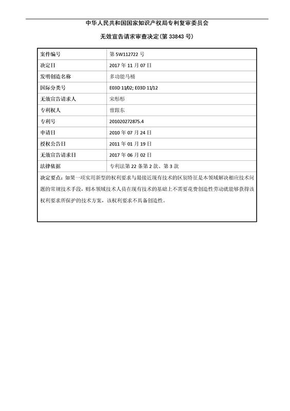 「多功能馬桶」無效宣告決定書！