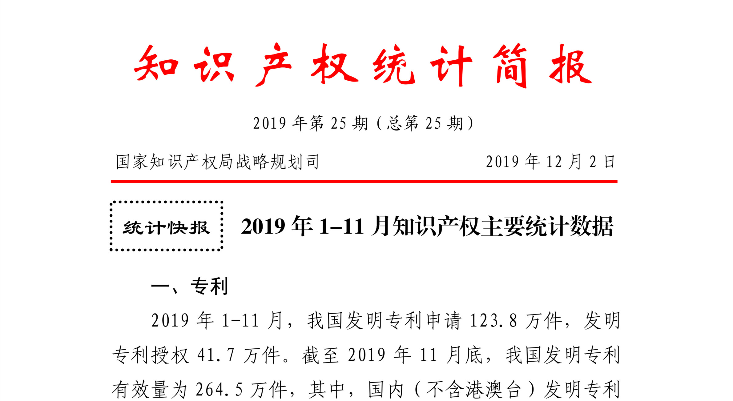 國知局發(fā)布2019年1-11月「專利、商標、地理標志」統(tǒng)計數(shù)據(jù)