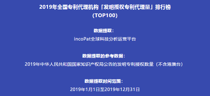 2019年全國專利代理機構(gòu)「發(fā)明授權(quán)專利代理量」排行榜（TOP100）