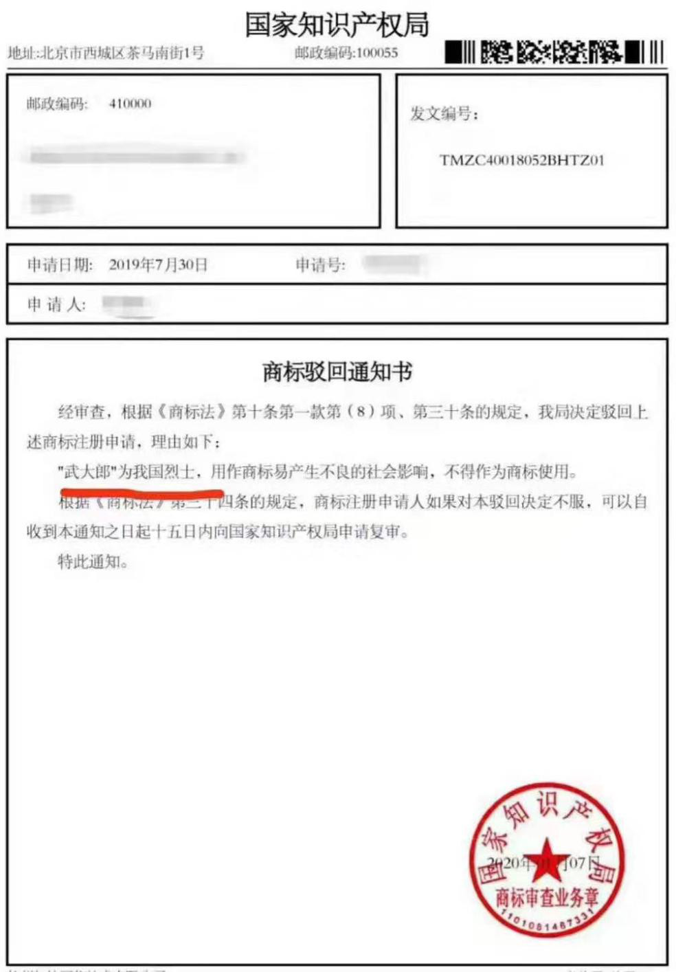 “武大郎”為烈士，商標被駁回，我們該注意什么？