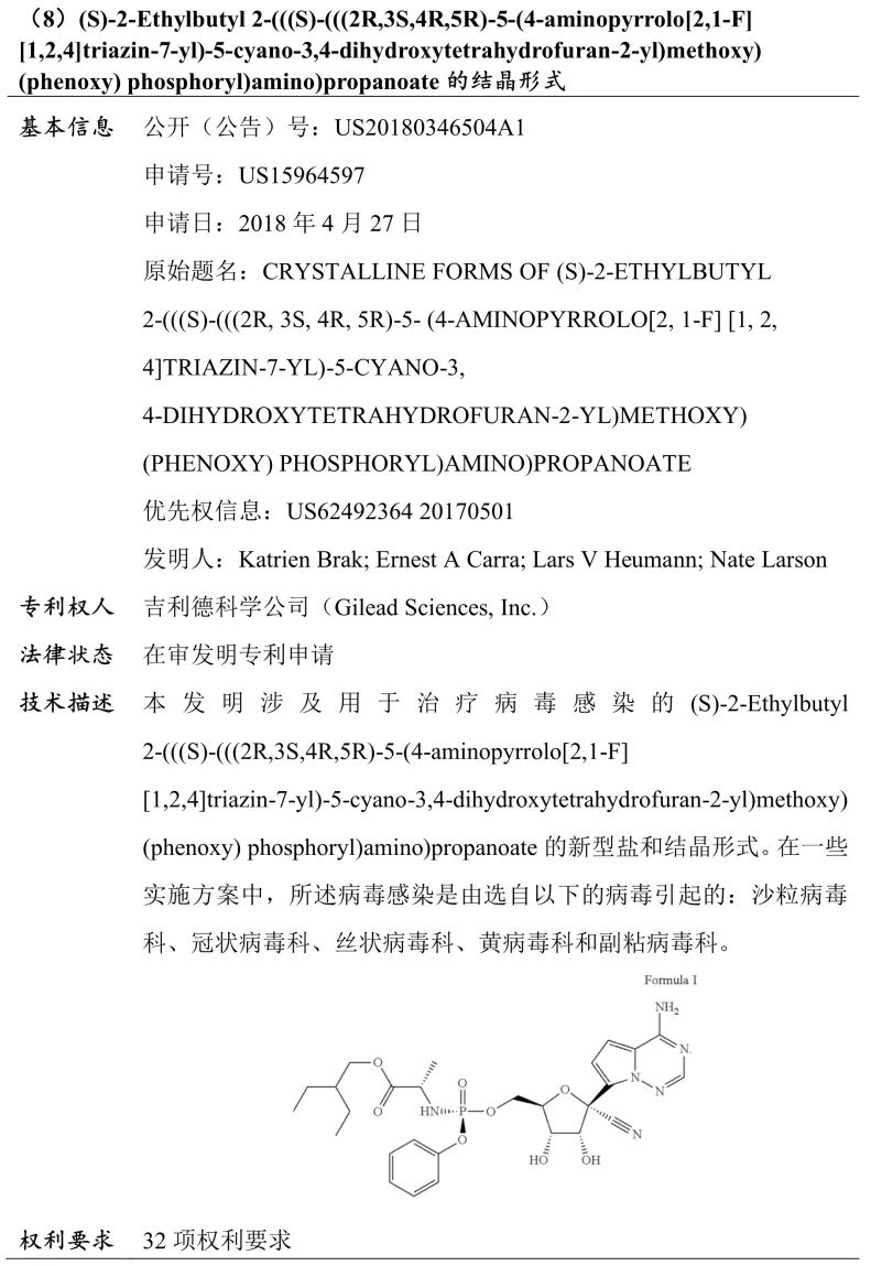 吉利德科學(xué)公司Remdesivir（瑞德西韋）相關(guān)專利介紹