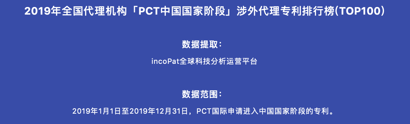 2019年全國代理機構(gòu)「PCT中國國家階段」涉外代理專利排行榜(TOP100)