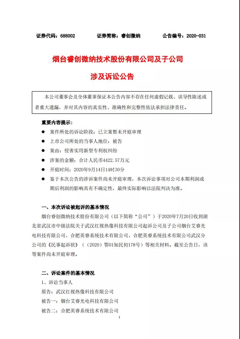 涉案金額4422余萬！睿創(chuàng)微納被控侵害實用新型專利權(quán)