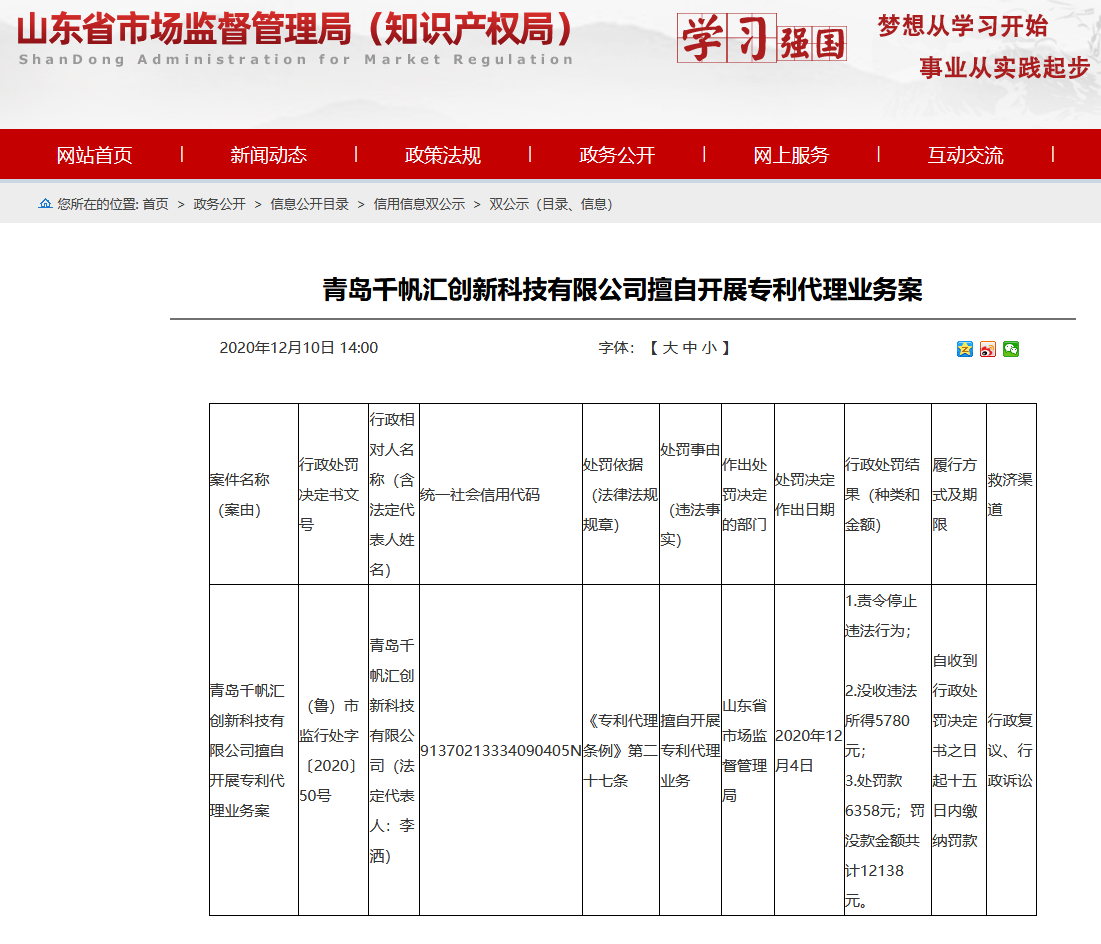 擅自開展專利代理業(yè)務(wù)，山東公布最新處罰單位！