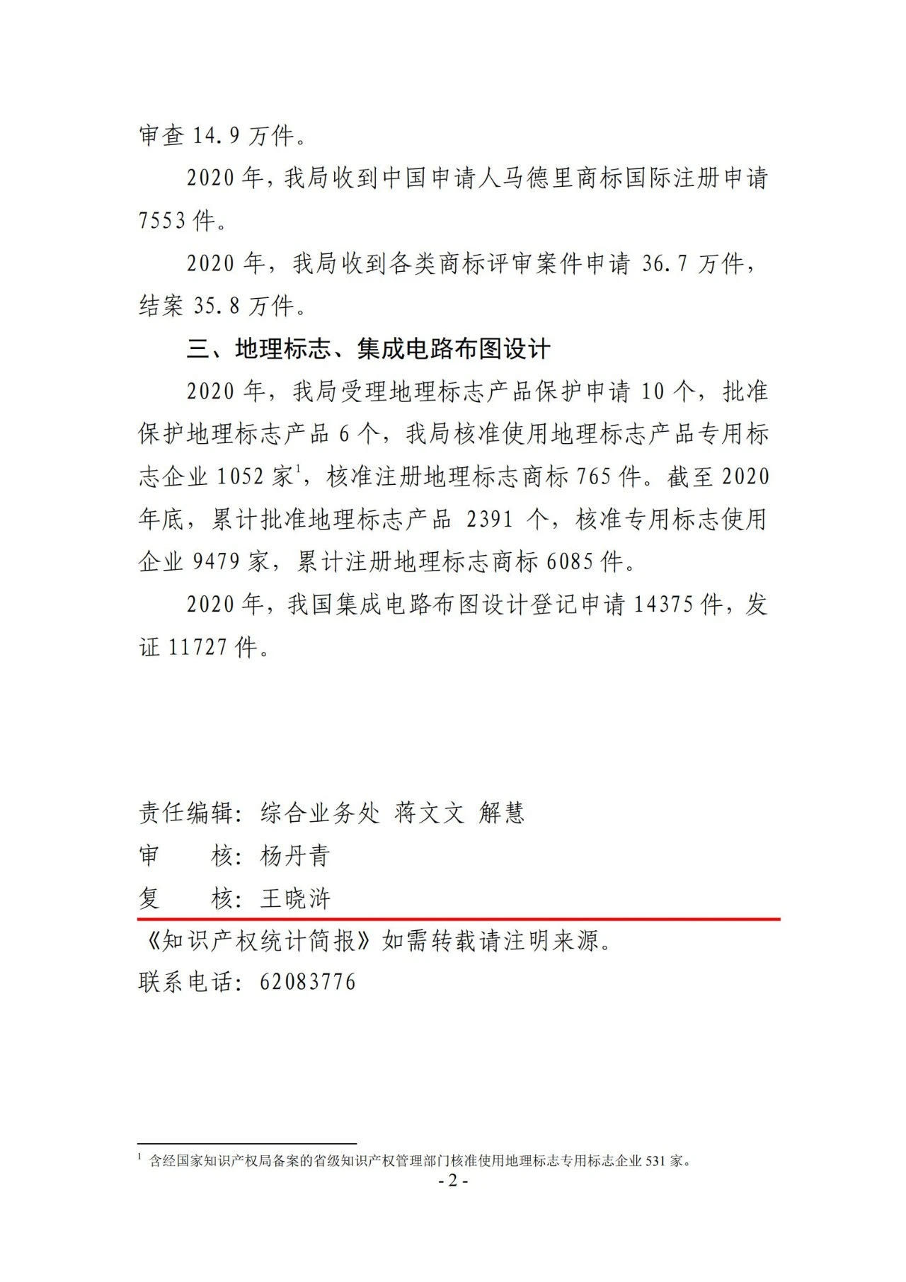 2020年度專利、商標(biāo)、地理標(biāo)志等統(tǒng)計(jì)數(shù)據(jù)簡(jiǎn)報(bào)（2021年第一期）