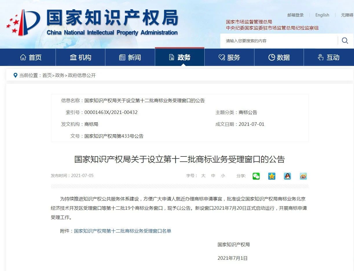 新增19個商標業(yè)務受理窗口將于2021.7.20日正式啟動運行！（附全國窗口信息）