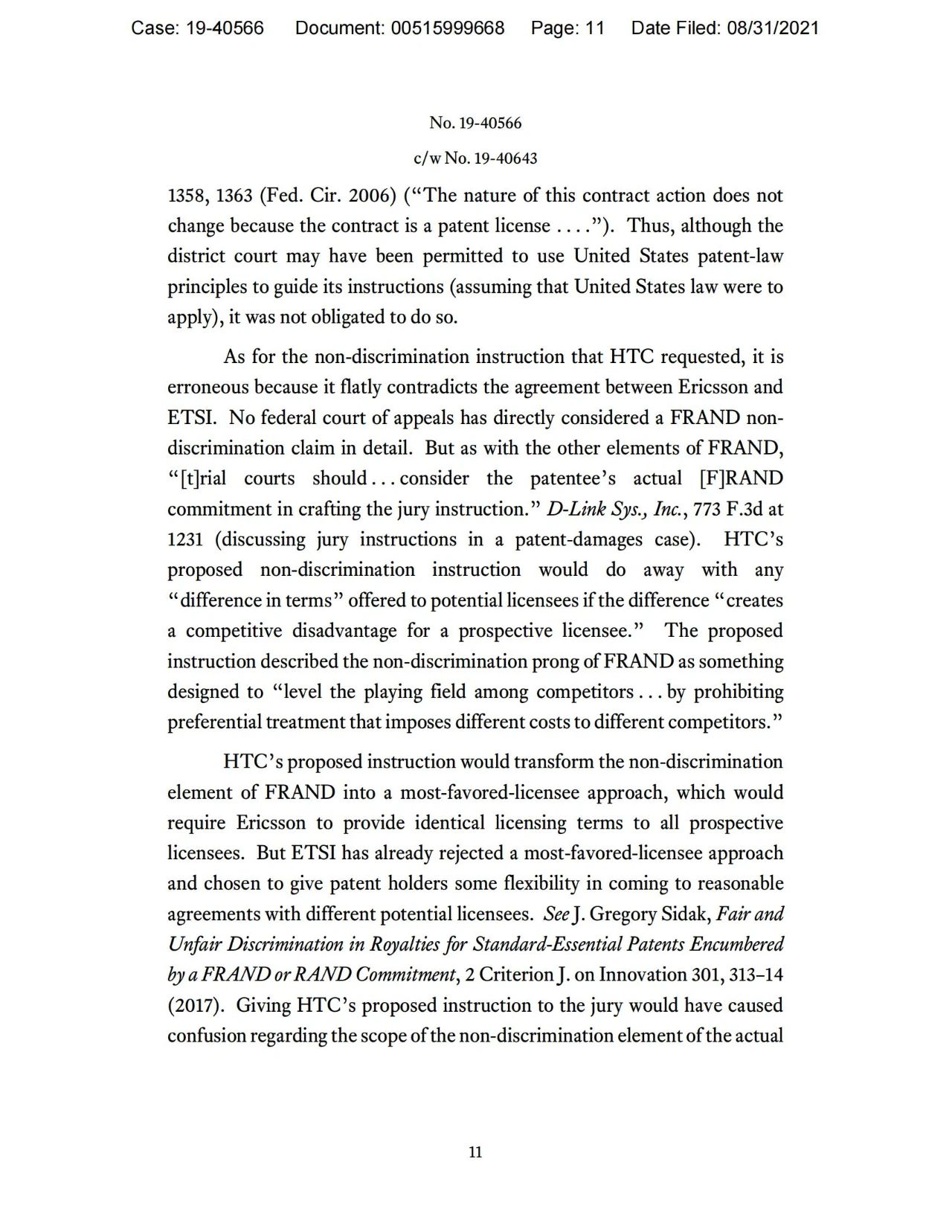 美國第五巡回上訴法院二審判決認(rèn)定愛立信符合FRAND承諾