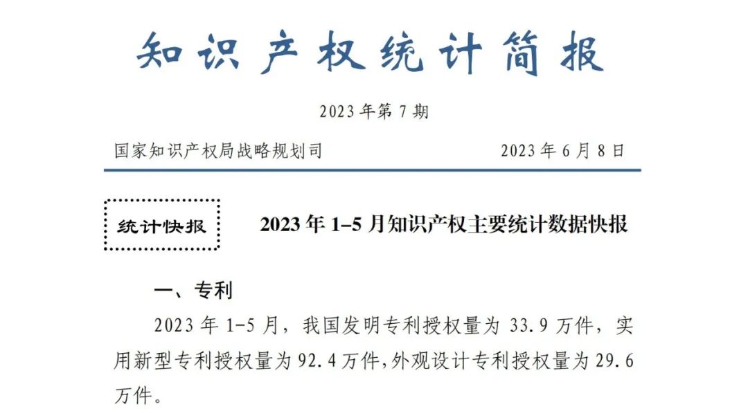 2023年1-5月專利、商標(biāo)、地理標(biāo)志等知識(shí)產(chǎn)權(quán)主要統(tǒng)計(jì)數(shù)據(jù) | 附5月數(shù)據(jù)