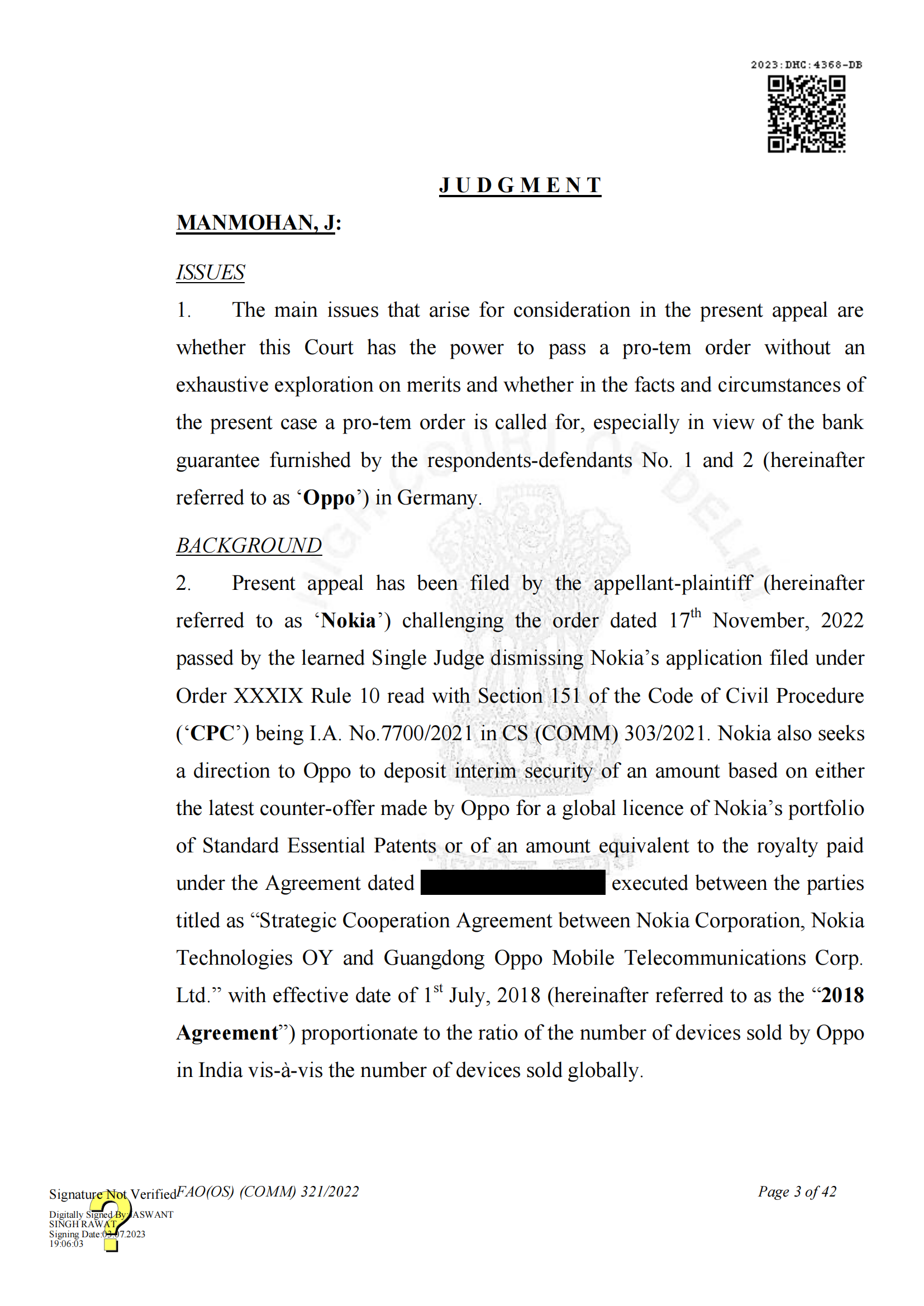 最新進展！印度高等法院要求OPPO支付保證金，因涉嫌侵犯諾基亞5G SEPs｜判決書