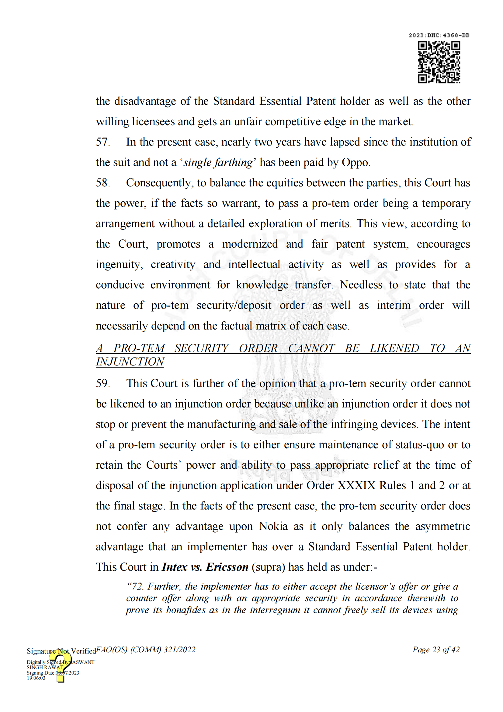 最新進展！印度高等法院要求OPPO支付保證金，因涉嫌侵犯諾基亞5G SEPs｜判決書