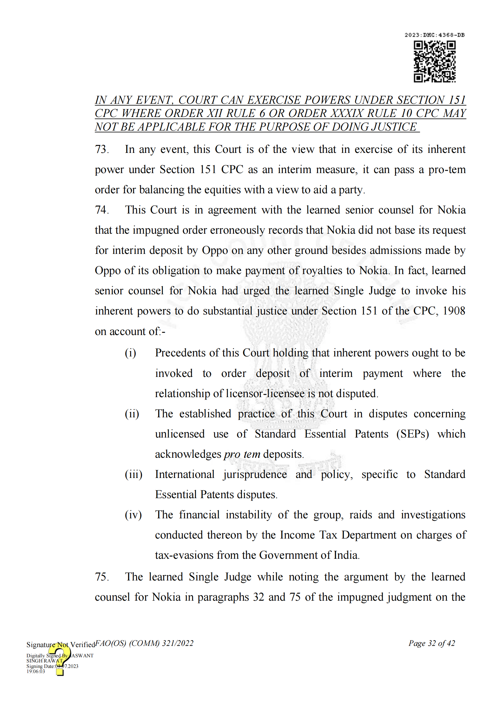 最新進展！印度高等法院要求OPPO支付保證金，因涉嫌侵犯諾基亞5G SEPs｜判決書