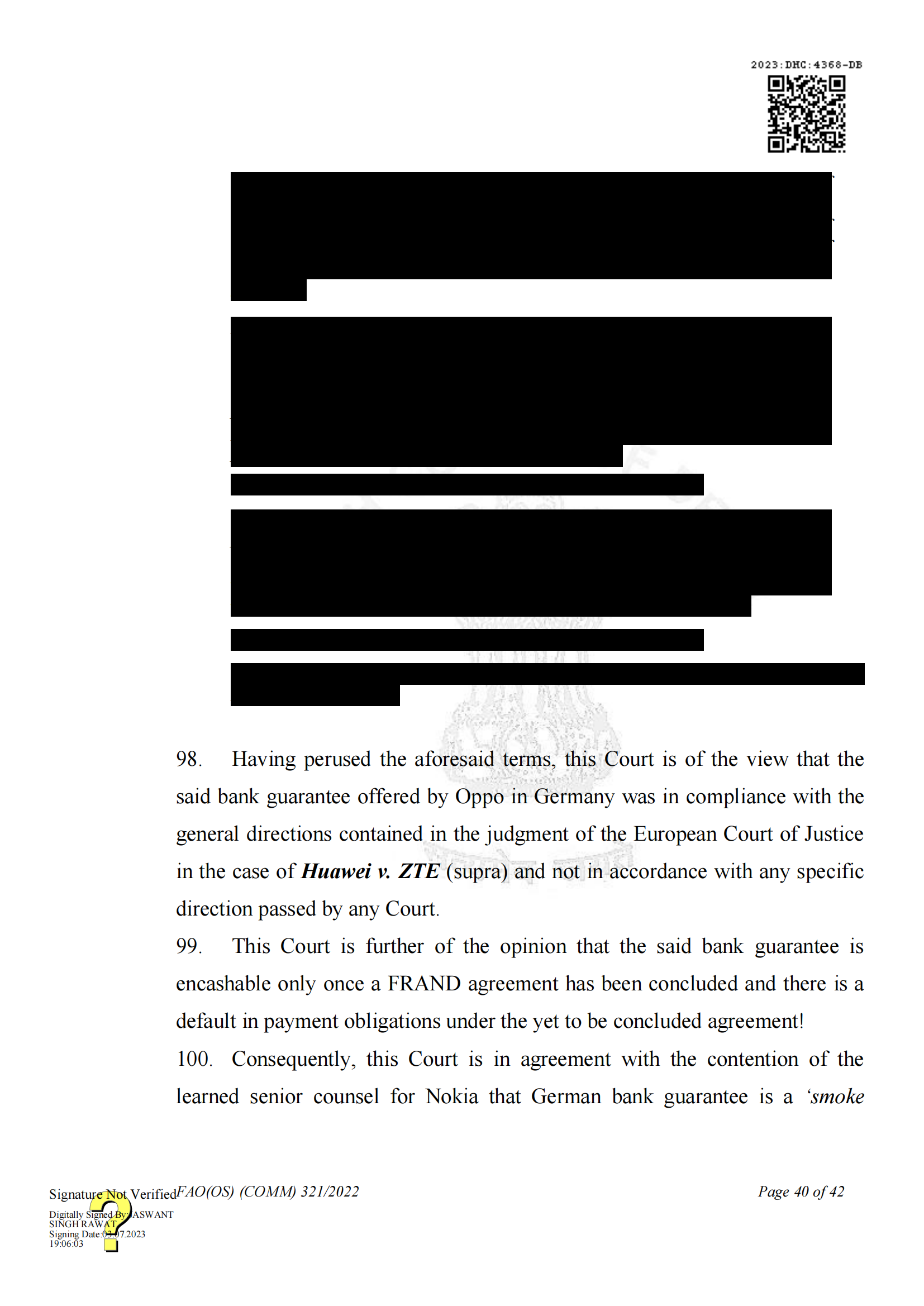 最新進展！印度高等法院要求OPPO支付保證金，因涉嫌侵犯諾基亞5G SEPs｜判決書