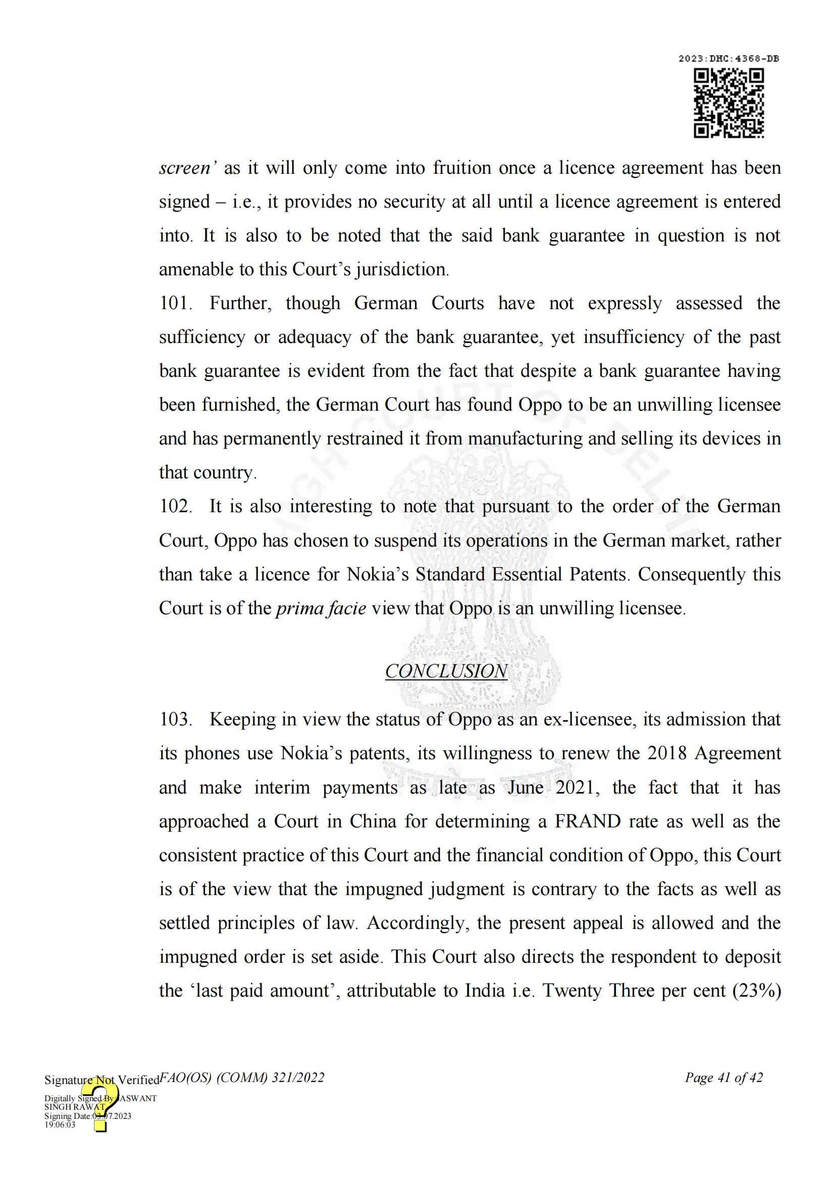 最新進展！印度高等法院要求OPPO支付保證金，因涉嫌侵犯諾基亞5G SEPs｜判決書