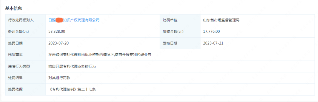 因擅自開(kāi)展專(zhuān)利代理業(yè)務(wù)，日照一知識(shí)產(chǎn)權(quán)代理公司被罰沒(méi)7萬(wàn)余元