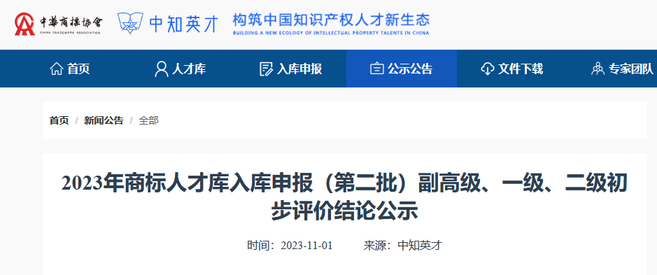 2023年商標(biāo)人才庫入庫申報(bào)（第二批）副高級98人，一級634人，二級665人丨附名單