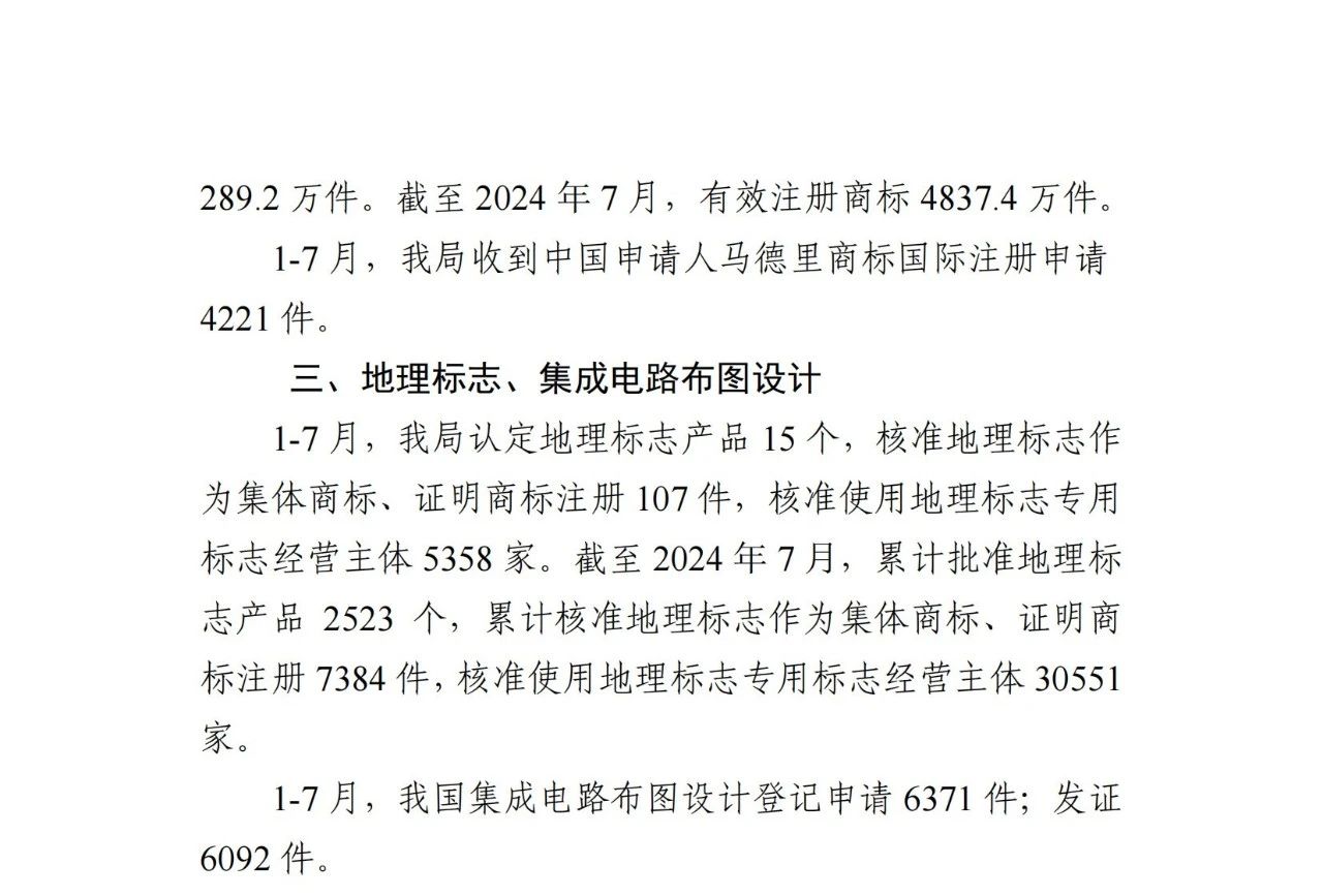 2024年1-7月專利、商標(biāo)、地理標(biāo)志等知識產(chǎn)權(quán)主要統(tǒng)計(jì)數(shù)據(jù) | 附數(shù)據(jù)詳情